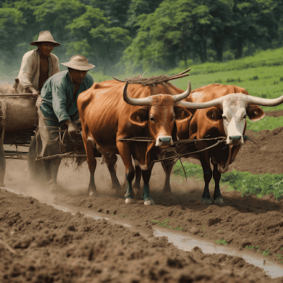 A scene of farmers tending to crops using traditional agricultural techniques while respecting the heritage of farming practices